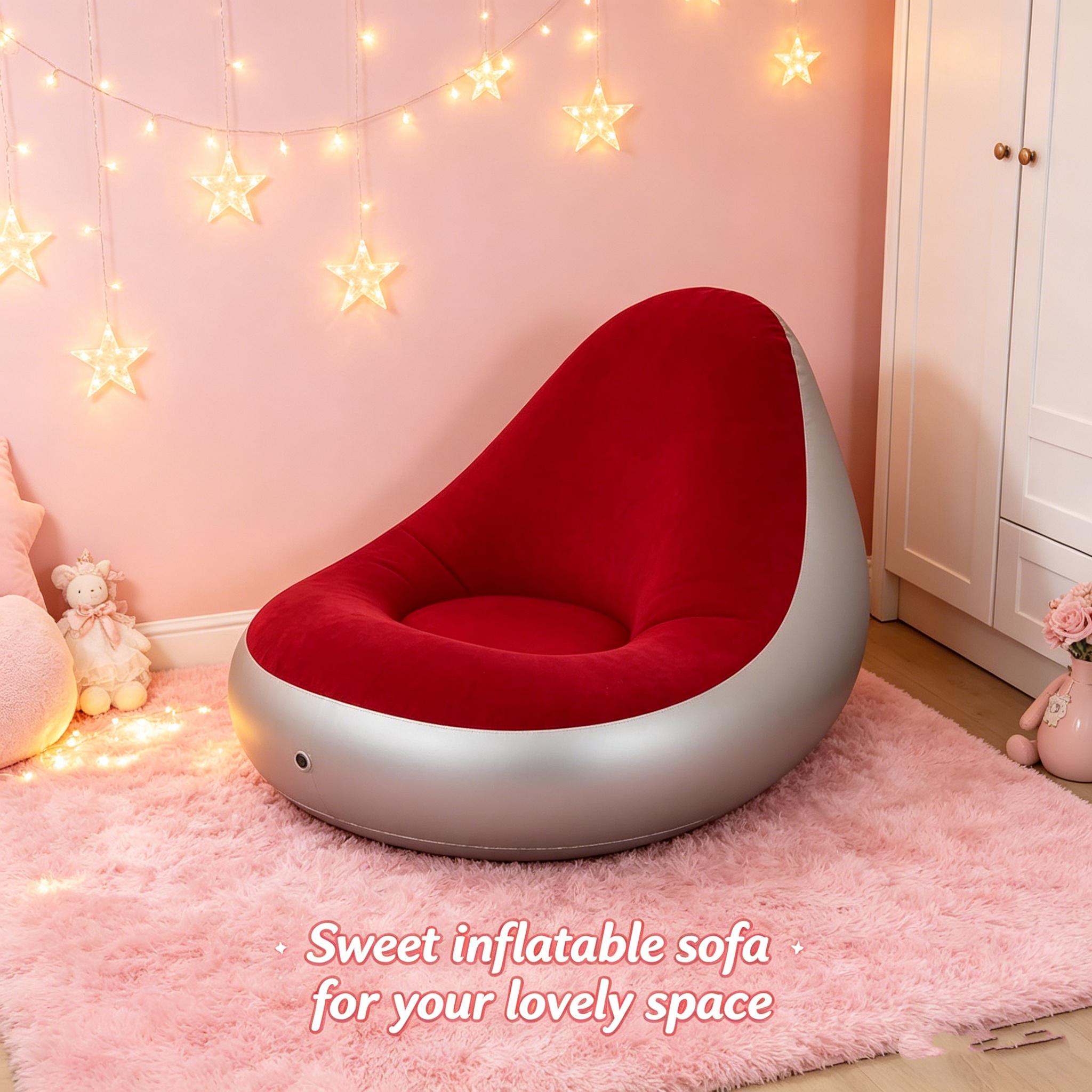 1pc Red Flocked Inflatable Sofa with Footrest, Foldable Single Recliner, Soft Nylon Fluff Surface, Lightweight Easy Storage Lounge Chair for Bedroom Living Room Balcony Camping Outdoor Relaxation