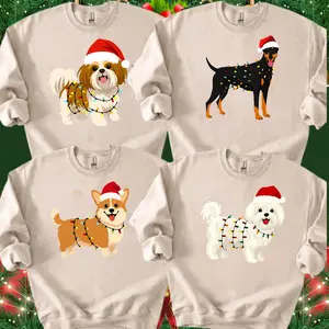 Santa Paws Christmas Light Dog Ver2 Sweatshirt, 50 Dog Breeds in Festive Santa Hat, Dog Lover Holiday Crewneck Sweater, Holiday Dog Lover Gift For Women and Men
