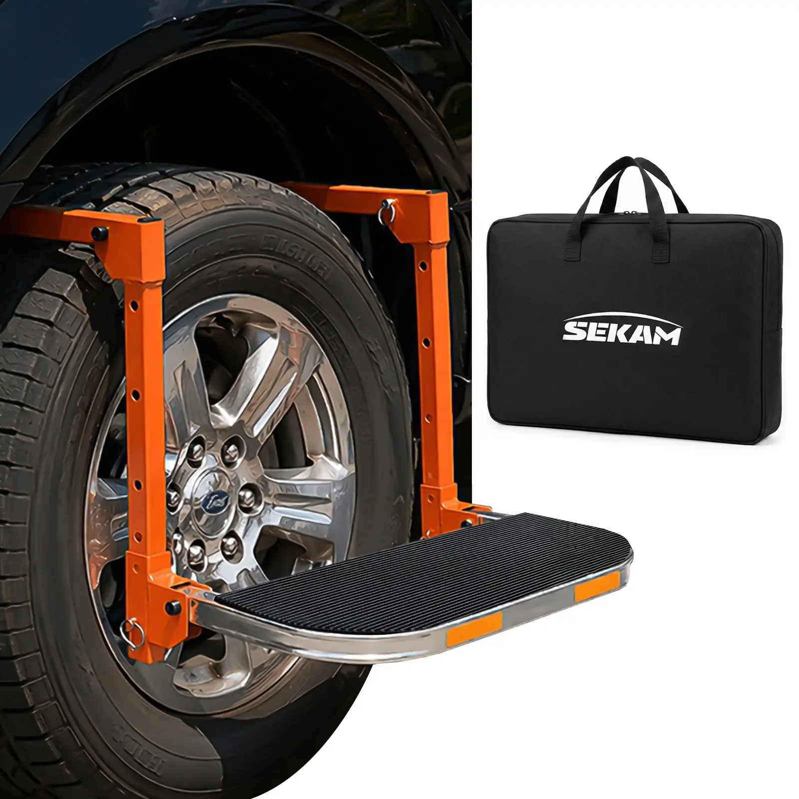 Sekam Upgraded 350 LBS Heavy Duty Folding Tire Step, 5-Level Adjustable Width Wheel Step with Anti-Loosening Nut, Paint Protection Pad & Storage Bag for Truck SUV RV