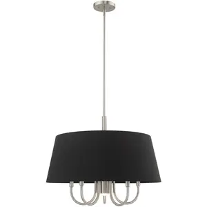 6 Light Brushed Nickel Pendant Chandelier with Hand Crafted Black Fabric Hardback Shade