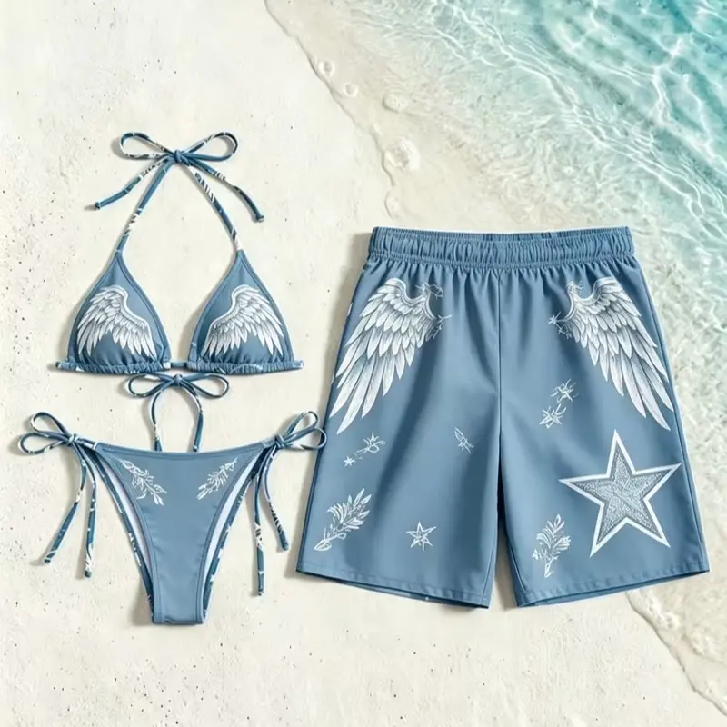 Matching Couple Wing Star Floral Swimwear Set, Women Halter Tie Side Vintage White Angel Wing Bikini+ Men Dusty Blue Eagle Wing& Big Star Graphic Board Shorts, 3pcs Western Bohemian Beach Bathing Suit, Need to Purchase and Select Separately