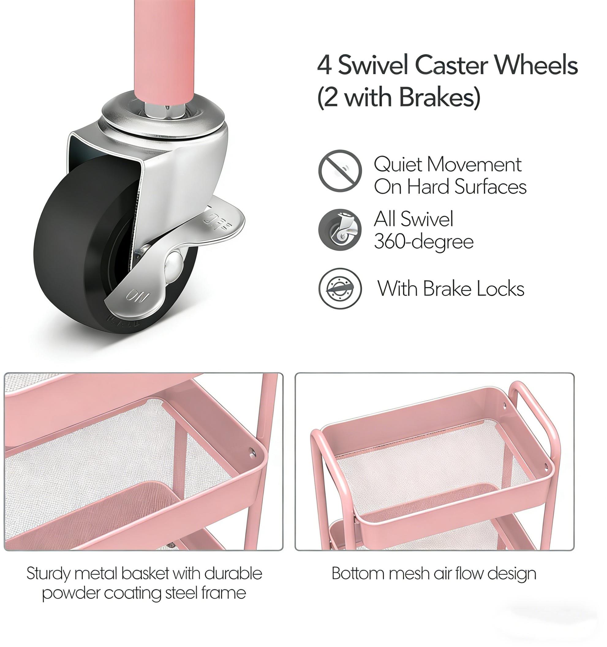 3-Tier Rolling Cart, Pink Mobile Storage Organizer with Wheels, Multi-Purpose Utility Cart for Kitchen, Bathroom, Bedroom, Office, Rolling Utility Cart for Makeup, Snacks & Art Supplies