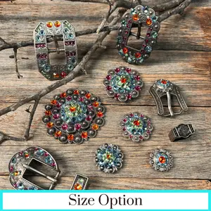 Antique Silver Tie Dye Crystal Conchos - Sizes from 1"- 3" and Buckles