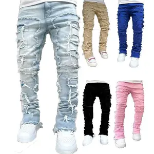 Stretchy Vintage Stacked Jeans For Men Premium Raw Frayed Denim Destroyed Washed Patchworks Pants New For Spring Daily Wear