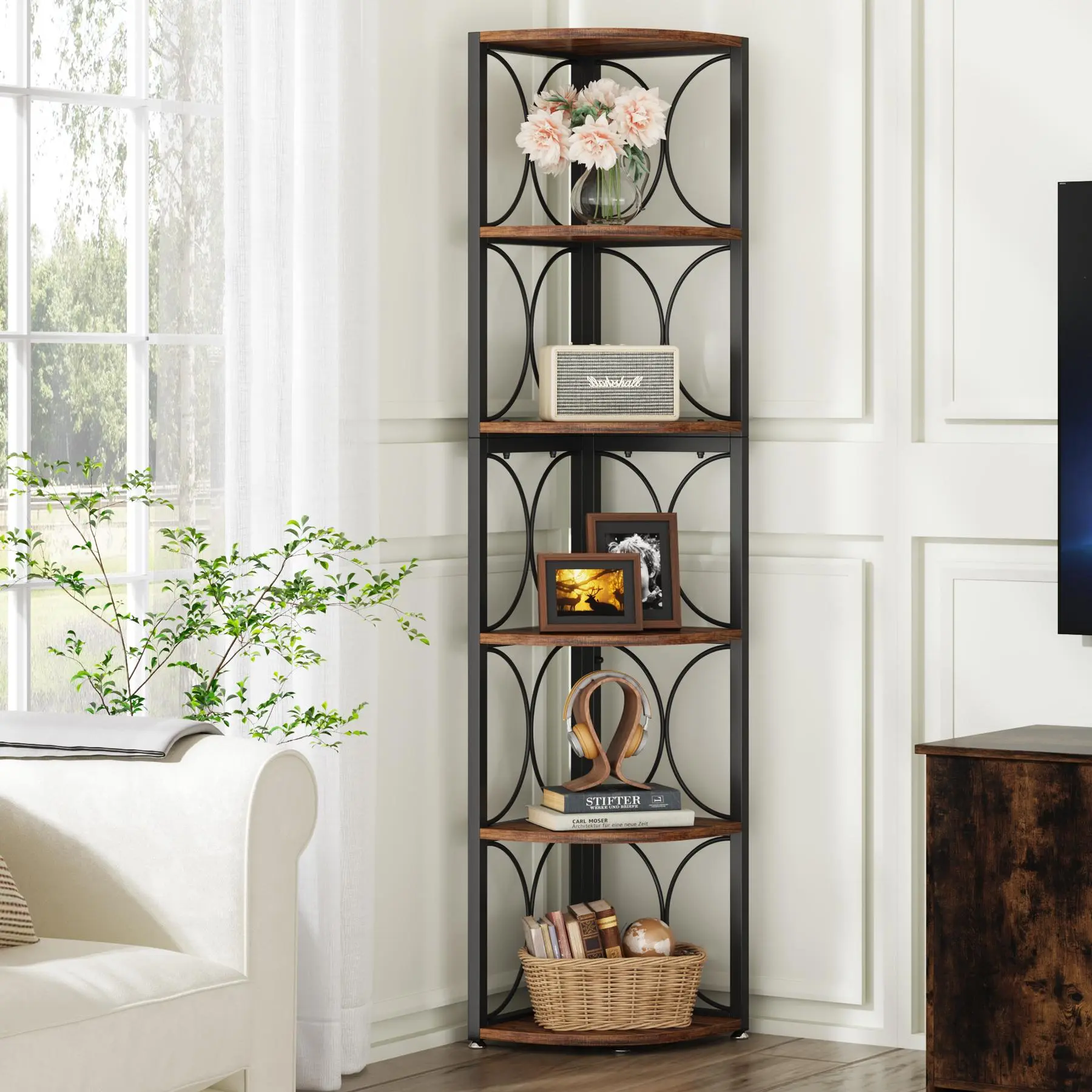 TRIBEWOOD 67-in Tall Rustic Freestanding Corner Shelf, 6-Tier Durable Multifunctional Space-Saving Storage Rack for Living Room, Bathroom, Home Supplies Small Spaces
