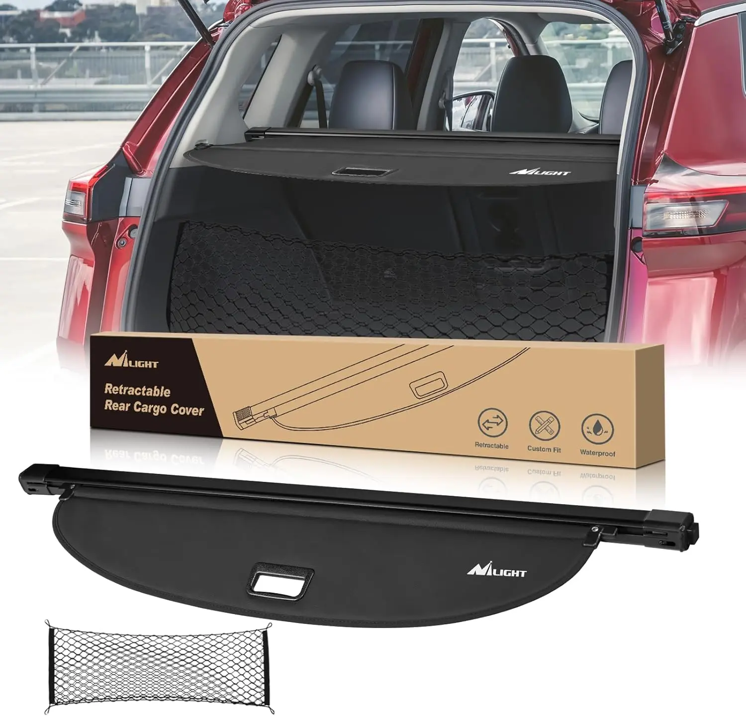 Nilight Automotive Retractable Trunk Cargo Cover - Weather-Resistant Security Shade with Trunk Storage Net, Privacy for Cargo, Quick Installation, Shields Valuables for Nissan Rogue 2020-2025 Car Exterior Accessory, Accessories For Your Car, Car Interior