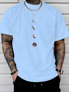 Men's Moon Print Round Neck Tee, Regular Fit Casual Short Sleeve Crew Neck T-Shirt for Daily Wear, Men's Top for All Seasons, Tropical