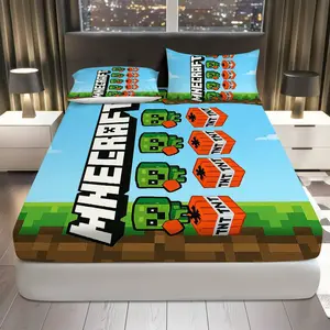 3Pcs Pixel Block Creeper TNT Fitted sheet Three Piece Set (1*Fitted Sheet+2*Pillowcases, Coreless), Gaming theme, Minecraft Bedding Set, Mattress protector Soft, Breathable