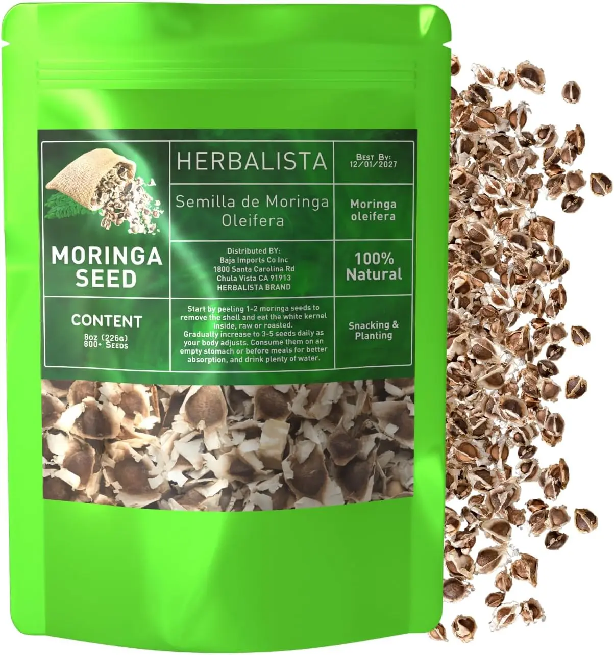 Herbalista Moringa Seeds | 8oz (226g) Approx. 800+ Seeds | Premium PKM1 Variety | Snacking & Planting | Non-GMO | Wildcrafted Drumstick Tree (Malunggay) | Moringa Oleifera Semillas