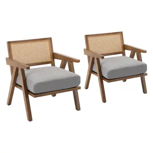 Accent Chair With Thick Soft Cushion Breathable Rattan Backrest Sturdy Wood Frame Mid-Century Modern Style For Living Room Bedroom Office Balcony Small Apartment Reading Lounge Guest Seating