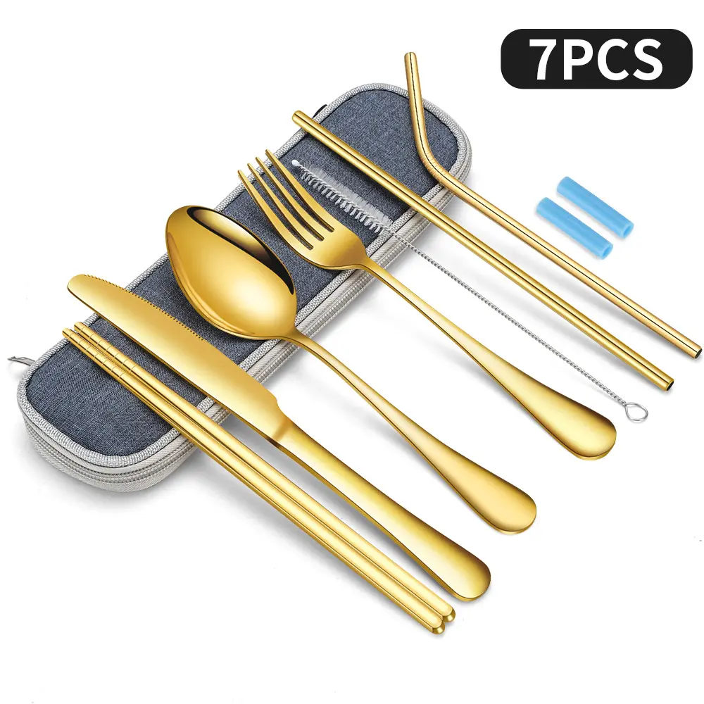 Portable Reusable Travel Utensils Silverware with Case (with Chopsticks and Straw), Camping Cutlery Set | Stainless Steel Travel Utensil Set with Storage Box