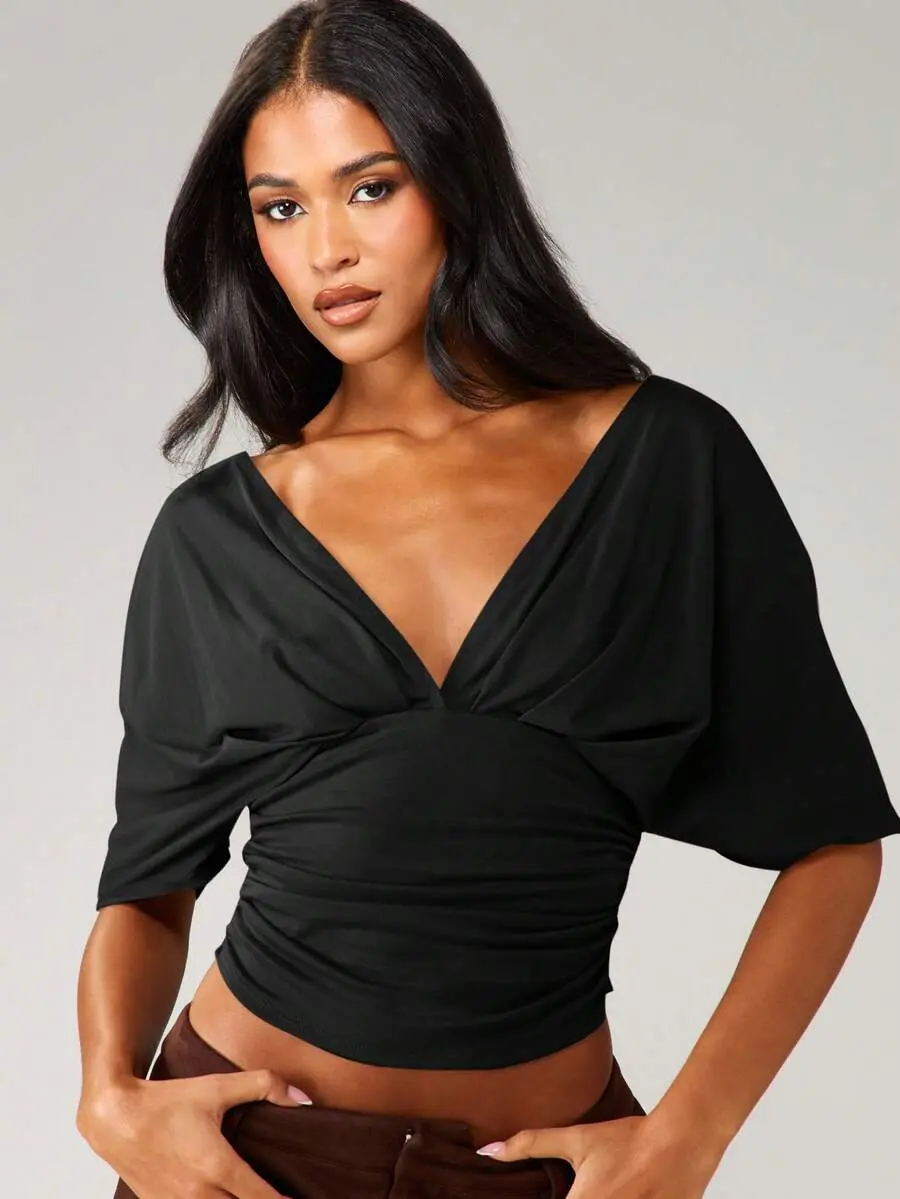 Women's Deep V Neck Twist Front Crop Top | Off Shoulder Ruched Waist Sexy Cami | Summer Going Out Slim Fit Party Top