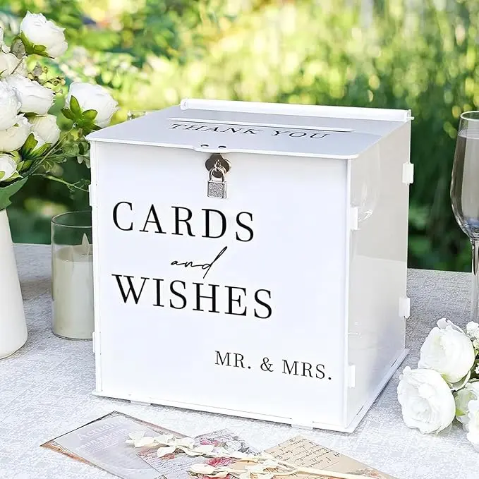 White Acrylic Card Box with Slot & Lock, Elegant Wedding Card Boxes for Reception, Large Money Envelope Gift Card Box for Party Wedding Birthday Engagement Anniversary Stylish Table Decor