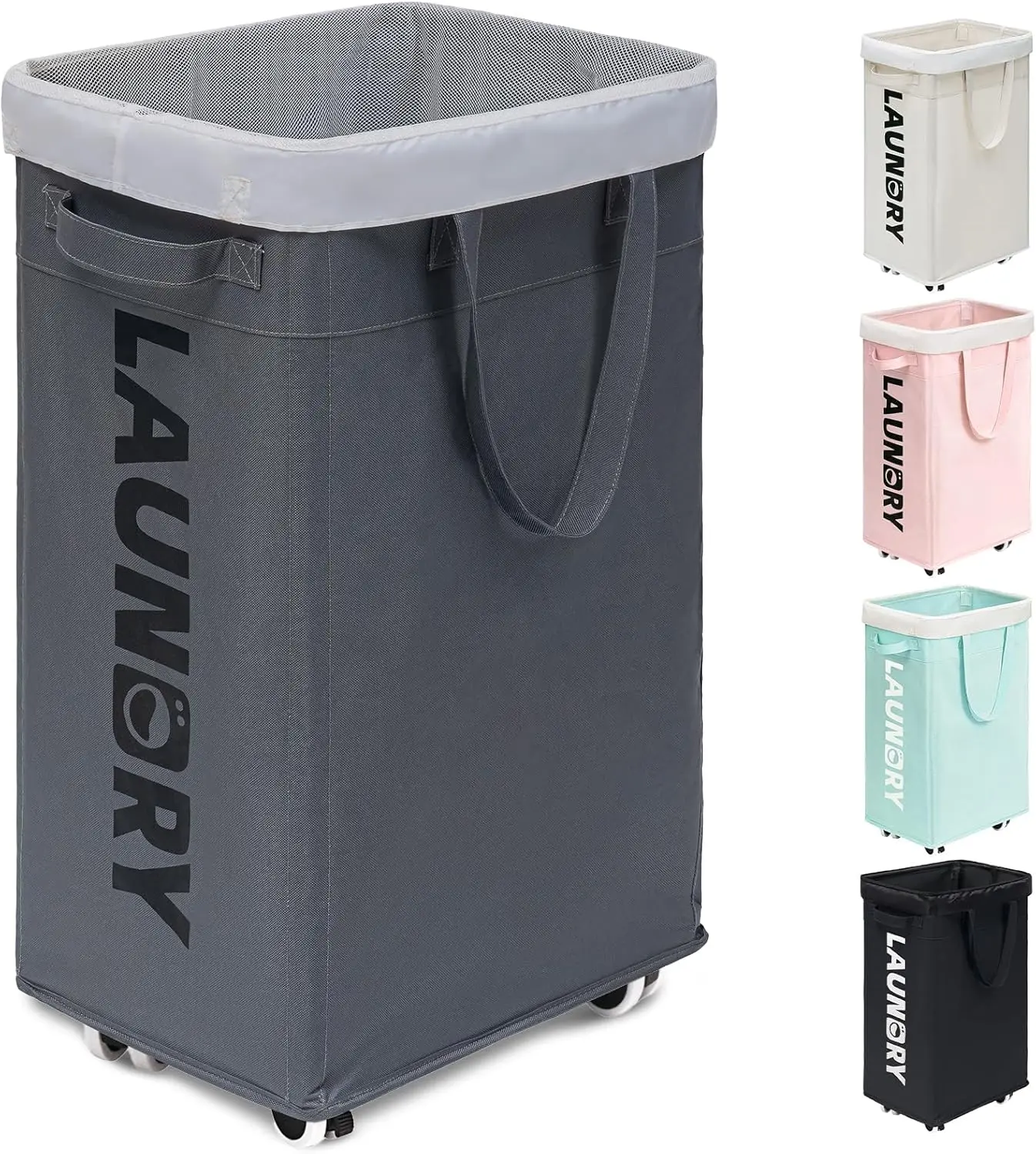 Laundry Basket with Wheels, 75L Laundry Hamper with Removable Wash Bag, Collapsible Laundry Baskets, Rolling Laundry Basket with Wheels, Grey