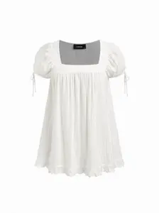 Cider Cotton-blend Square Neck Ruffle Knotted Oversized Blouse Curve & Plus