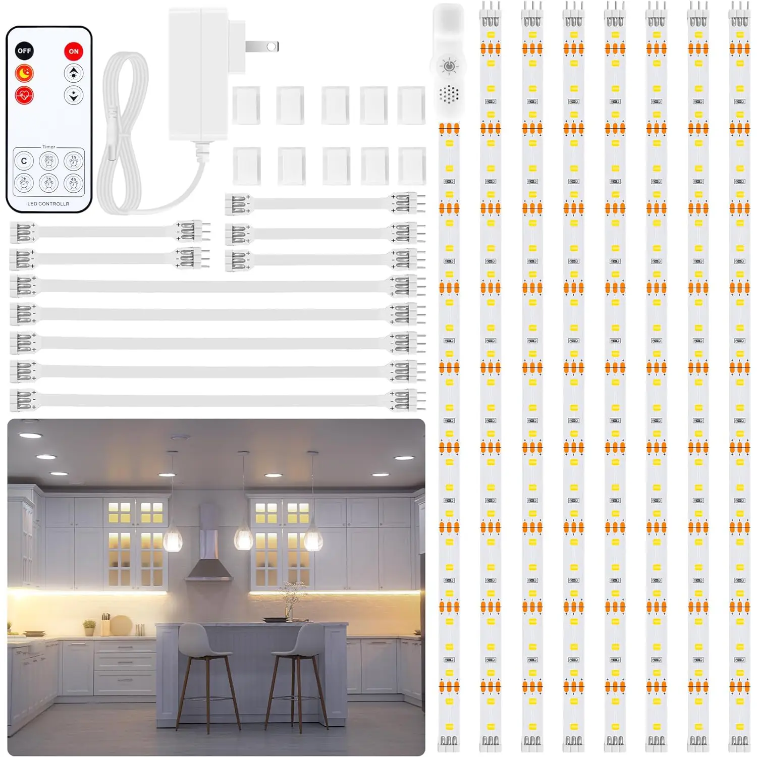 8-Piece Under Cabinet Light Kit, 2700K Warm White Under Cabinet Lighting, Bright Flexible LED Strip Lights with Remote Control and Adapter, Dimmable, Timable and Cropped, for Kitchen Cabinets, Counters, Shelves, Display Cabinets