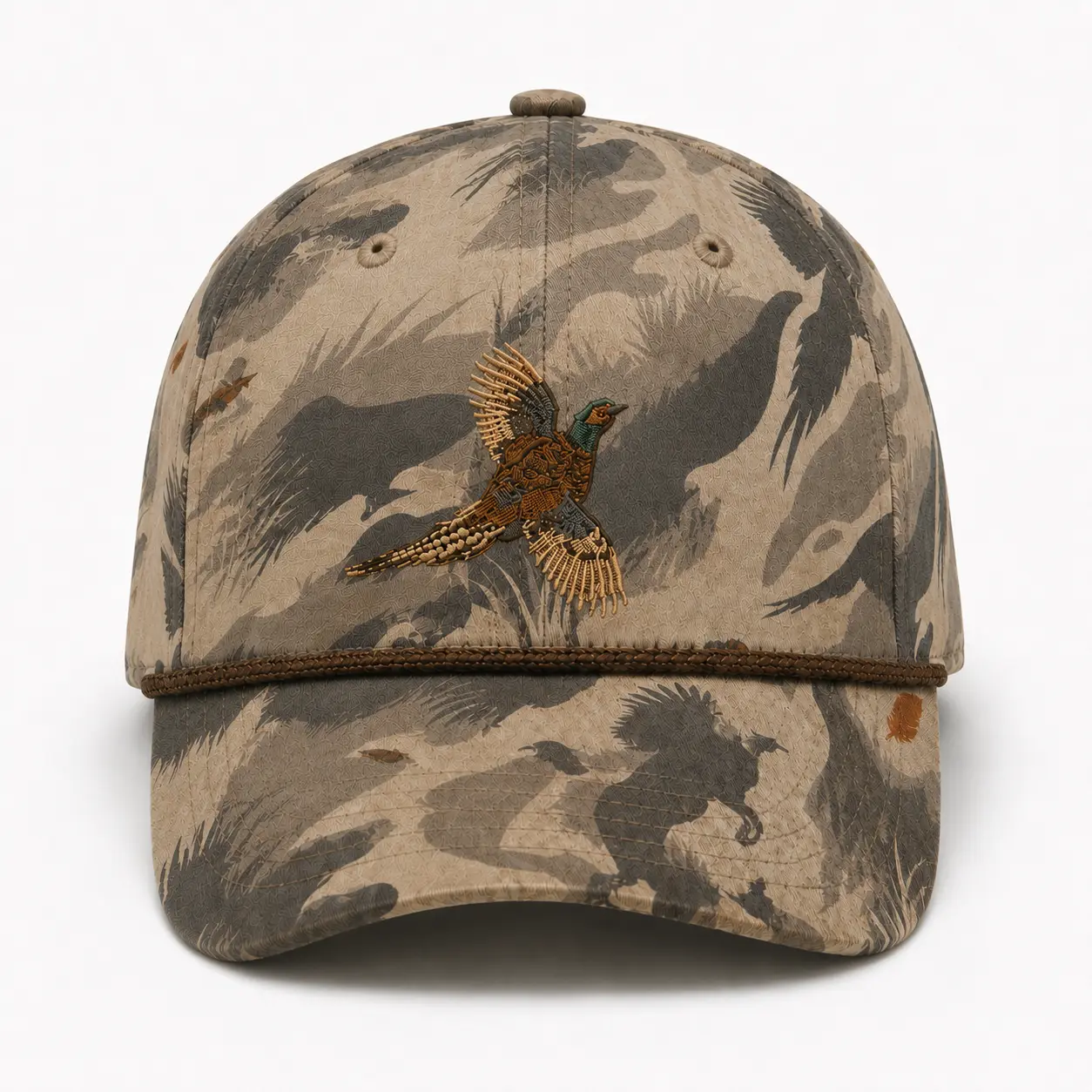 Men’s Pheasant Hunting Camo Hat, Embroidered Flying Bird Rope Baseball Cap, Adjustable Outdoor Snapback for Hunters & Gifts