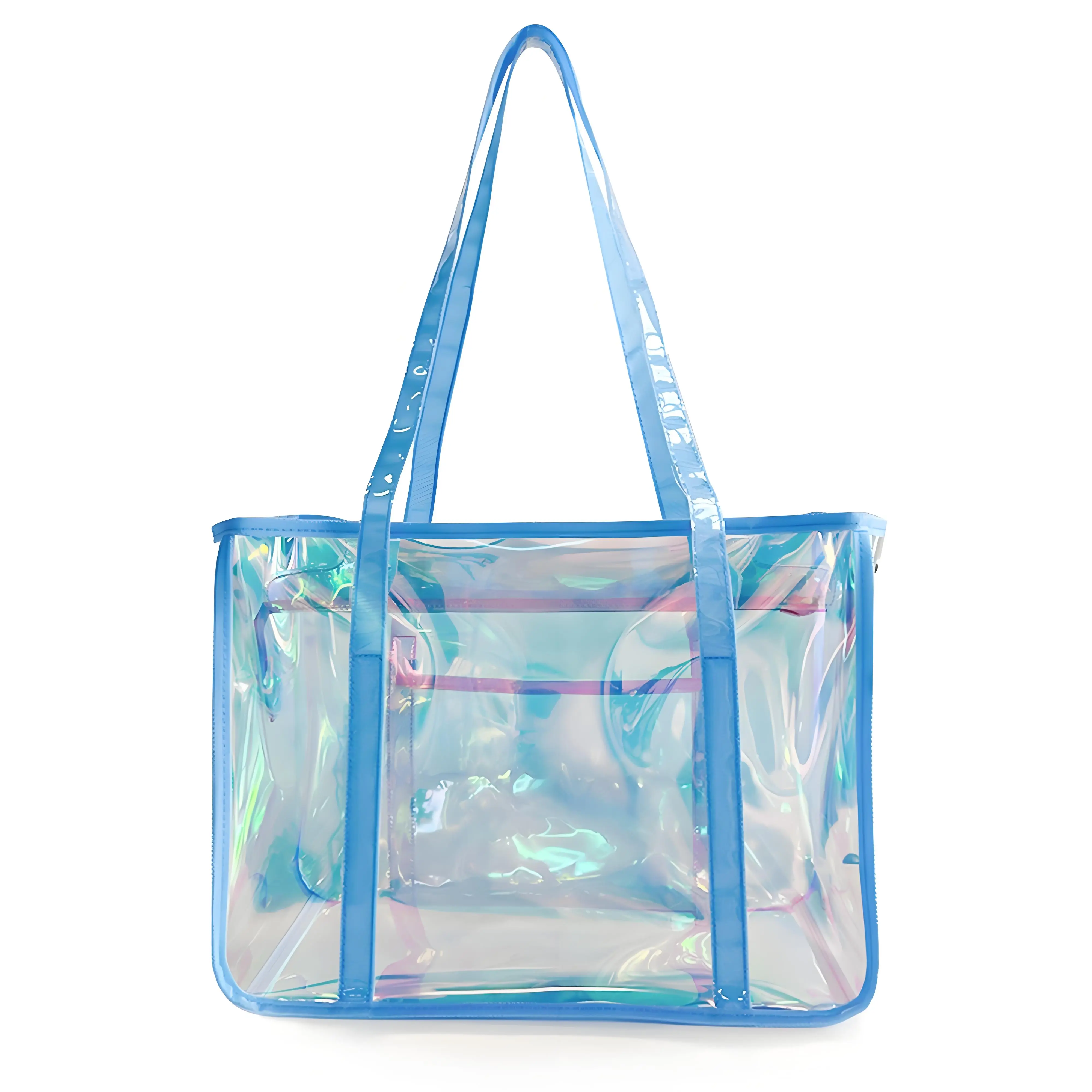 Pvc Tote Sky Blue Iridescent Clear Tote Bag For Women Waterproof Sandproof Beach Shoulder Bag Handbag