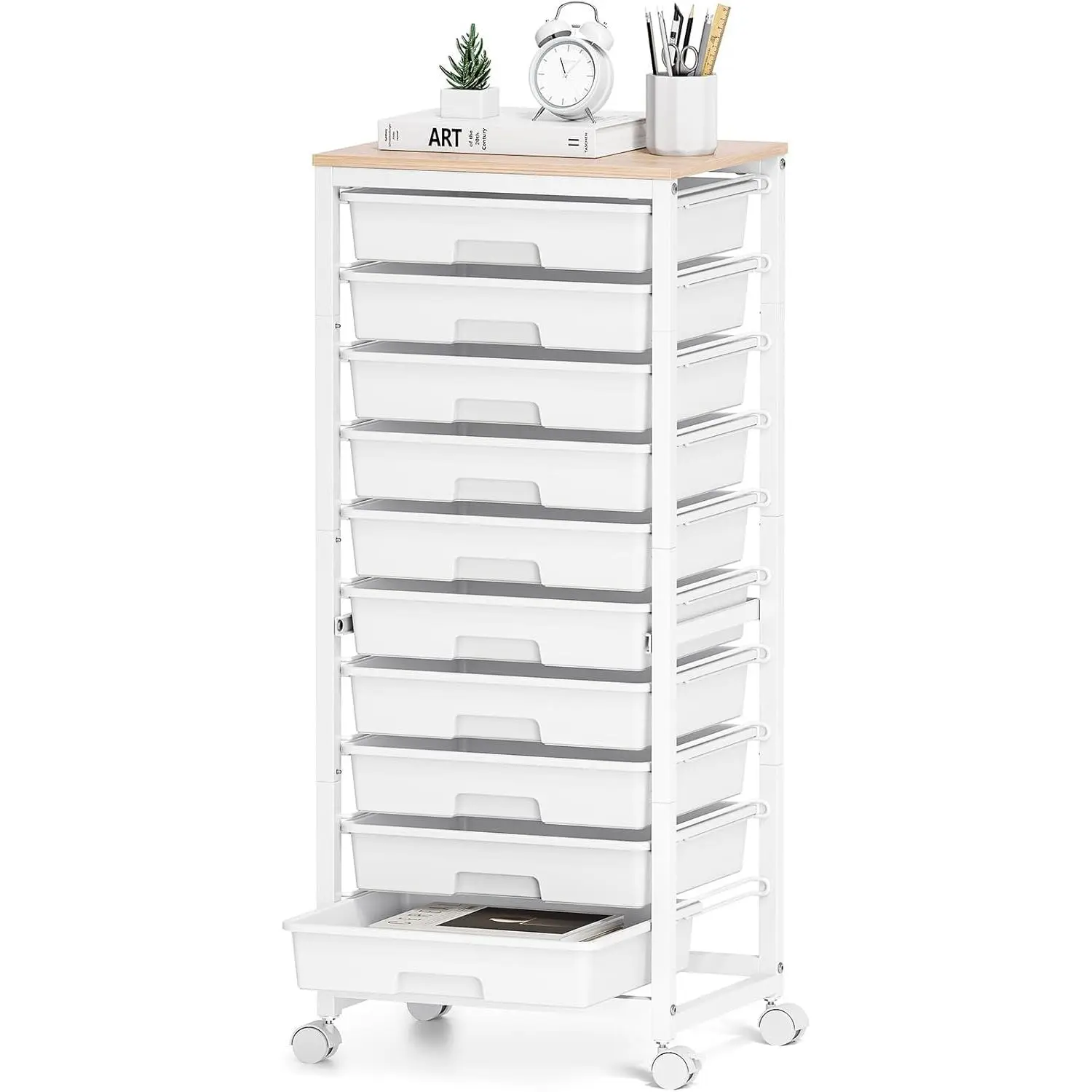 Rolling Cart with Drawers,10 Drawer Rolling Cart,Storage Cart with Wheels,Utility Cart with Drawers,Teacher Cart for Classroom Storage,Craft Cart with Wheels and Wooden Tabletop,White