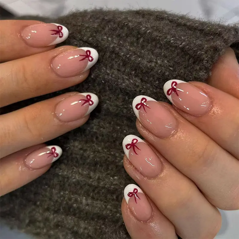 24pcs Short Oval Christmas Cute Bow Design French Acrylic False Nails Set, Nail Kit Set, Nail Art Diy, Nail Art Products, Includes Jelly Glue and Nail File, Perfect for Women and Girls, Nail Glue Included