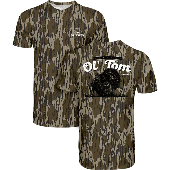 Ol Tom Full Strut T-Shirt For Men, Mossy Oak Washed Bottomland Mallard Tee, Hunting Tee, Mossy Oak Original Bottomland Short Sleeve Camo Shirt