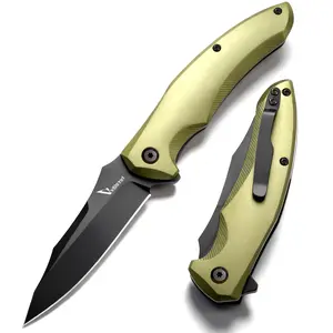 VIUORWI V09G Compact EDC Pocket Folding Knife, D2 Steel Drop Point Blade, Olive Green Aluminum Handle, Liner Lock, Deep Carry Clip, Ideal for Camping, Daily Tasks