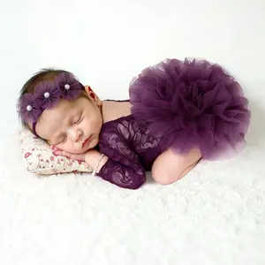 Newborn Girl Photoshoot Outfits Lace Newborn Photography Outfits Girl Photo Props for Newborn Girl Elastic Romper with Headband Baby Elegant Gorgeous Photography Outfit Gift Sets - Purple Costume