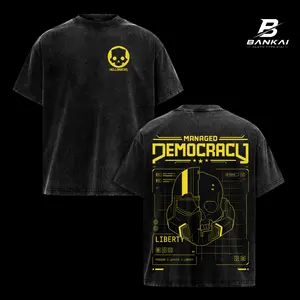 Helldivers 2 Managed Democracy Vintage Washed Graphic Tee, Sci Fi Shooter Gaming Oversized Heavyweight T Shirt, Tactical Gamer Streetwear, Acid Wash Black Cotton Double Sided Print, Retro Y2K Grunge Unisex Apparel Gift for Helldivers Fans