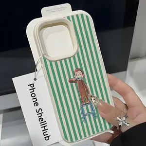 1pc green striped brushing monkey UV printed pattern design leather-texture phone case, suitable for iPhone 17/16/15/14/13/12/11/X/XS/XS Max, a gift for friends, family, and yourself.