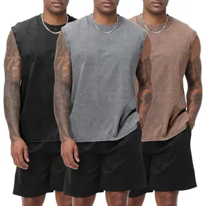 Men's 3-Pack Casual Menswear Plain Round Neck Cotton Acid Wash Loose Fit Sleeveless Muscle Tshirt, Streetwear Tank Tops for Workout, Running
