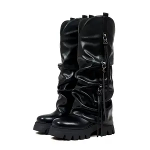 Womens Slouchy Fold Over Knee High Boots Round Toe Chunky Platform Heels Pull On Side Zipper Wide Calf Shark Boot Fashionable Side Straps Comfy Holiday Party Outing Casual Dress Spring Goth Boots