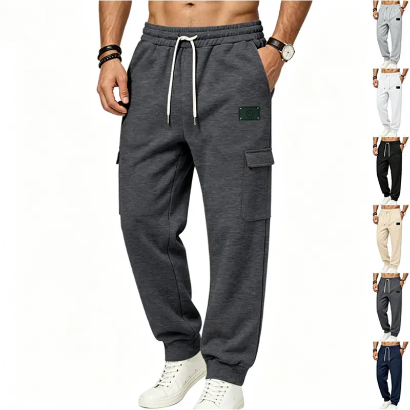 Menswear Men’s Cargo Jogger Sweatpants - Elastic Waistband with Drawstring, Large Side Pockets, Loose Casual Knit Long Pants for Spring/Autumn, Comfortable Wear-Resistant Solid-Color Cargos for Jogging, Daily Commuting