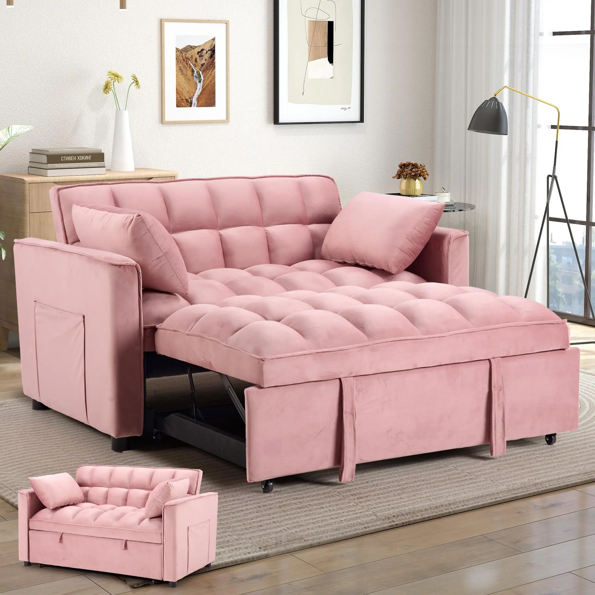 3 in 1 Convertible Sleeper Sofa Bed - Velvet Futon Loveseat with Pull Out Bed, Side Pockets & Pillows Folding Sofa Bed Cushioned Sofas
