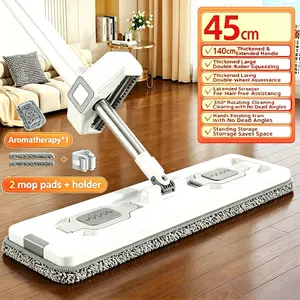 45cm Extra Large Hands-Free Self-Wringing Flat Mop | 360° Rotating Head, Double-Roller Squeeze, Thickened Stainless Steel Handle, Rebound Panel, Standing Storage, Reusable Microfiber Pads for Hardwood Tile Floor Pet Hair Home Cleaning Cuban Chain Pendant