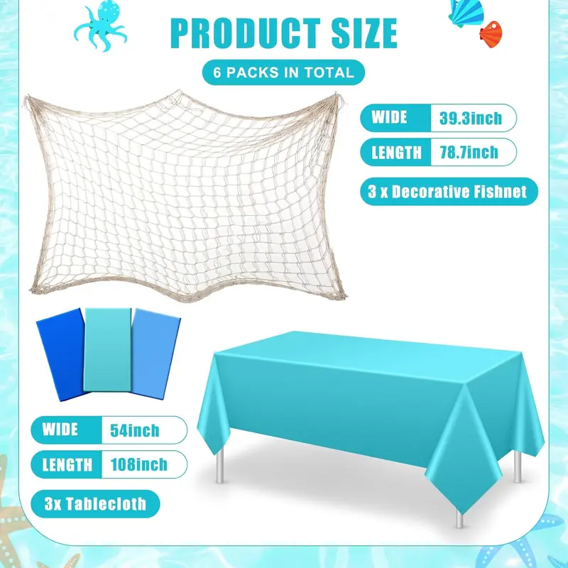 6 Pcs Fish Net Decorative and Tablecloth Set, Cotton Fishnet and Plastic Table Cover Decorations Set for Nautical Themed Party Baby Shower Pirate Decorations Mermaid Party(Vivid Color) Ornaments