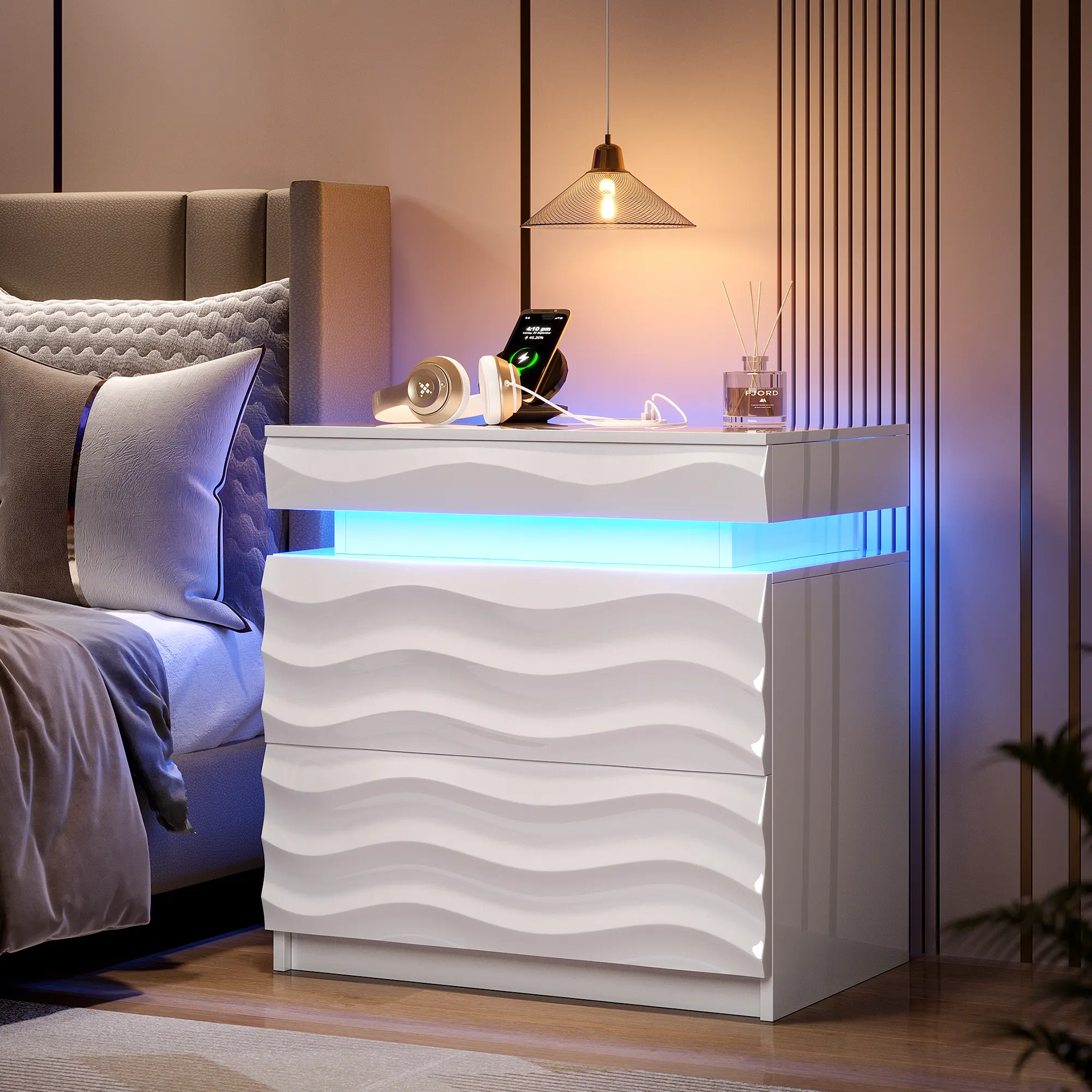 [Summer Sale] MIUvanity Large Nightstand with Wireless Charging Station, Auto Sensor 3 Color Dimmable Night Stand, Modern Bedside Table ,With Drawers for Bedroom, End Table, Bedside Table, Bedroom Furniture for Living Room,LED Nightstand,Oversize EndTable