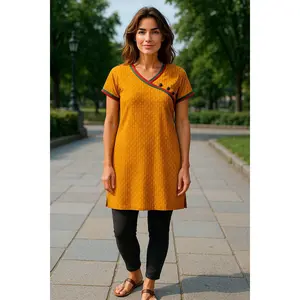 Tunic for Women 100% Cotton Small Leaf design, V-Neck, Short sleeves, Matching Trim with 3 Button Kurti, Top.