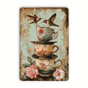 Pack of 1 Vintage Hummingbird and Teacup Symphony Iron Tin Sign - Rustic Metal Wall Art Decor, 8x12 Inch, Indoor Outdoor Hanging Foil Engraving Plaque - For Home Decor Enthusiasts - Perfect Gift for Housewarming, Birthday, or Anni