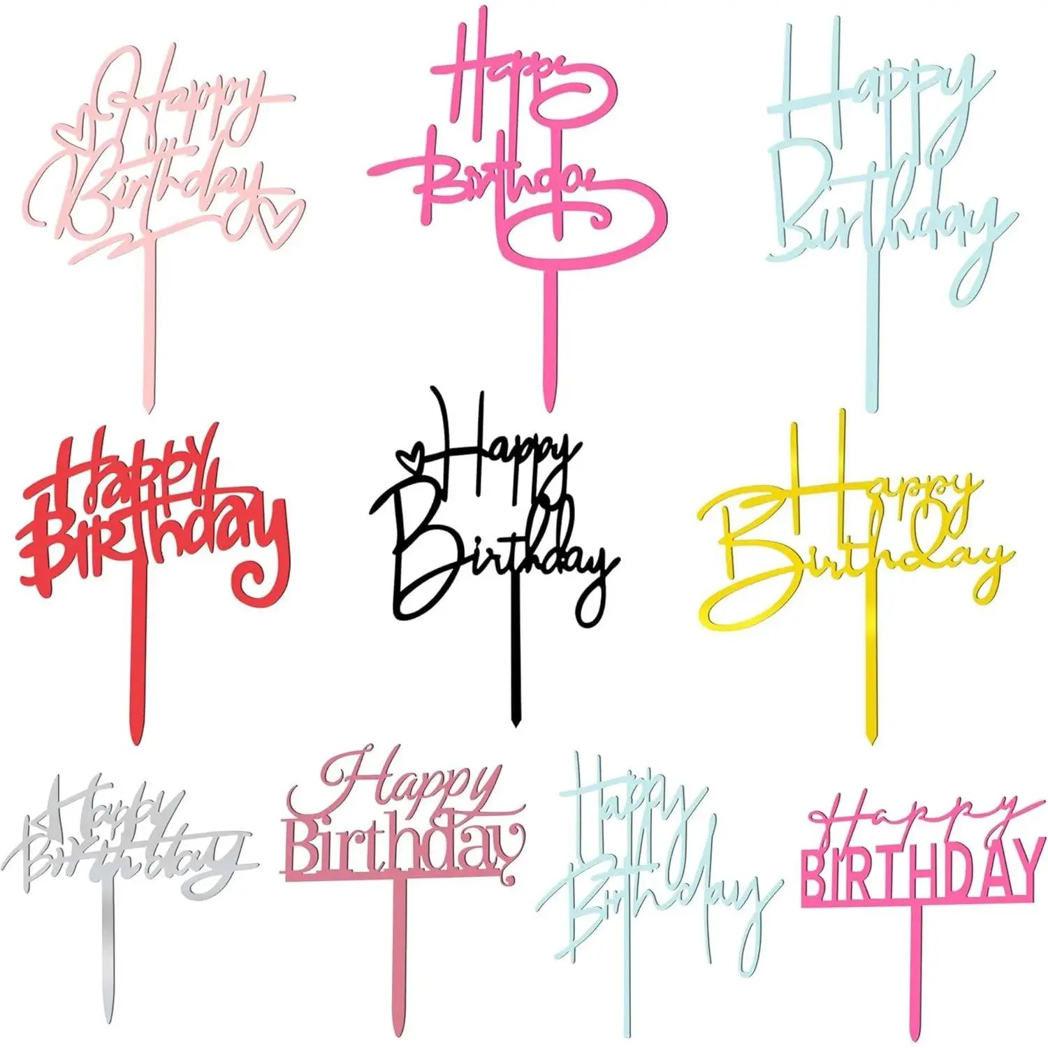 Happy Birthday Cake Topper Set Glitter Cake Decorations in 8 Colors Black Silver Gold Rose Gold Pink Rose Red Blue Red Ideal Party Supplies for Adults Any Occasion 10 Styles