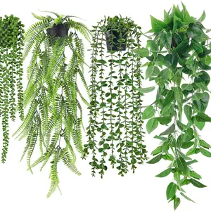 4 Pack Fake Plants, Artificial Ivy Vine, Faux Eucalyptus, Boston Fern, String of Pearls, Indoor Outdoor Decor, Wall Shelf Hanging