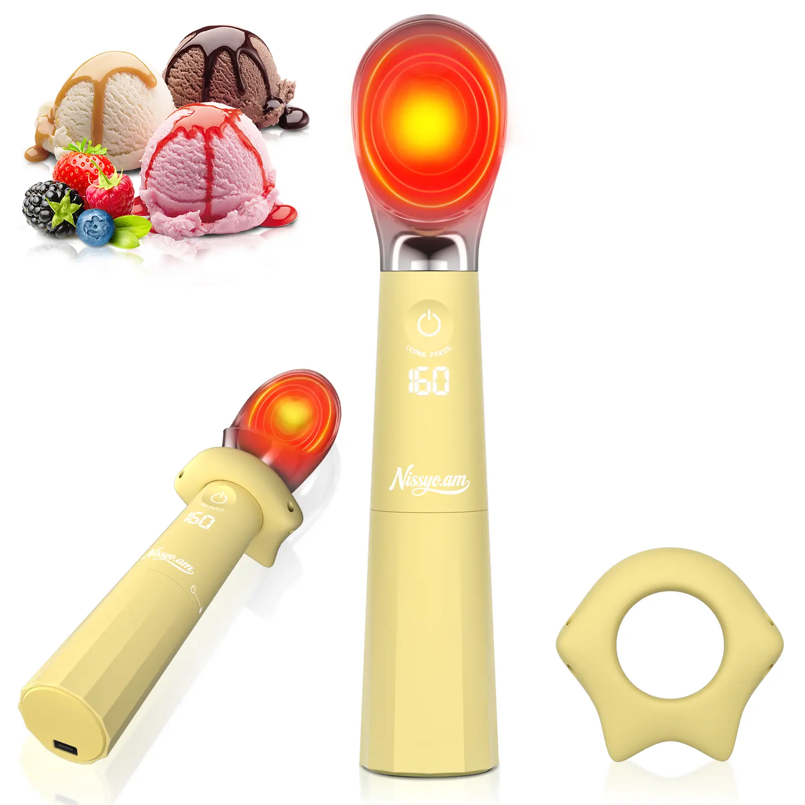 Electric Heated Ice Cream Scoop, Rechargeable Ice Cream Scooper for Hard-Frozen Ice Cream, LED Display Stainless Steel Scoop, Summer Kitchen Gadget Gift for Mom & Dad , Ice cubes,  Suitable for home, kitchen, camping, and RV use