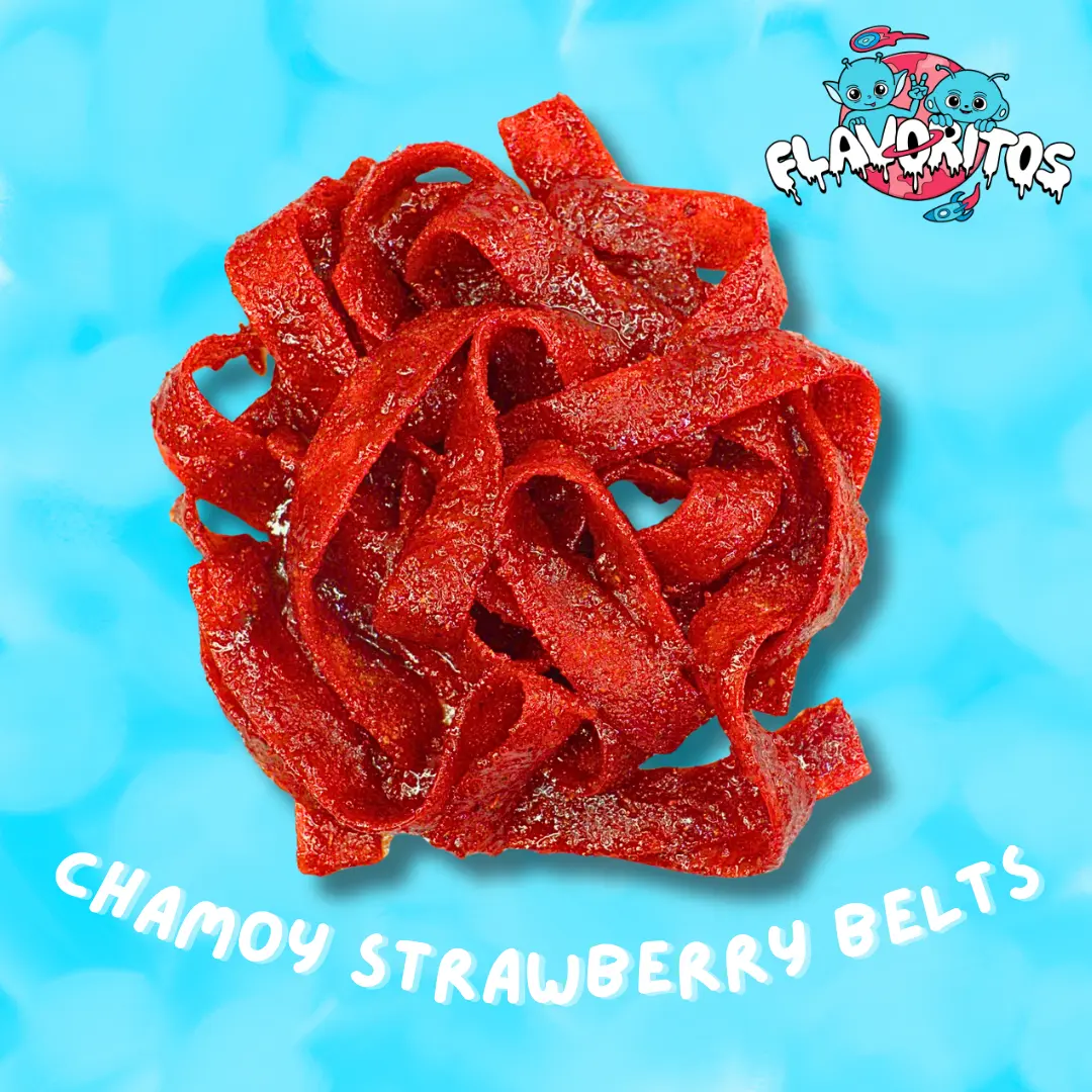 Chamoy Strawberry Sour Belts- Flavoritos Sweet Sour and Chili Gummy Candy Snack Chewy Spicy Bonbon