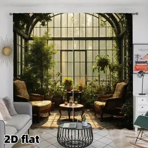 2D Flat 2Pcs Greenhouse Garden Window Tapestry, Indoor Plants Conservatory Design, Vintage Armchairs, Sun Room Curtains, Home Decor for Living Bedroom Balcony, Light Filtering Privacy, Easy to Clean Polyester Fabric, Tapestry Style