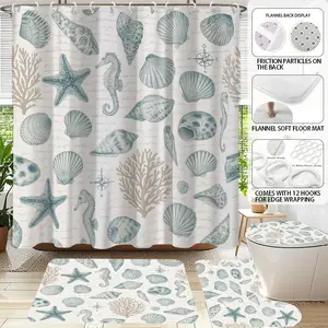 1/4 Pcs Vintage Seashell Shower Curtain Set, 71×71 Inch Curtain with 12 Hooks, Toilet Lid Cover, Rectangular Mat & U-Shaped Non-Slip Mat, Coastal Bathroom Decor
