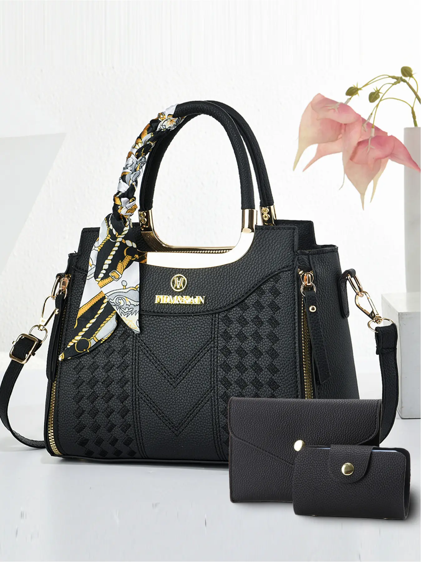 Classic style women's all seasons handbag; elegant versatile trendsetter handbag wallet set; high-end romantic scarf handbag.
