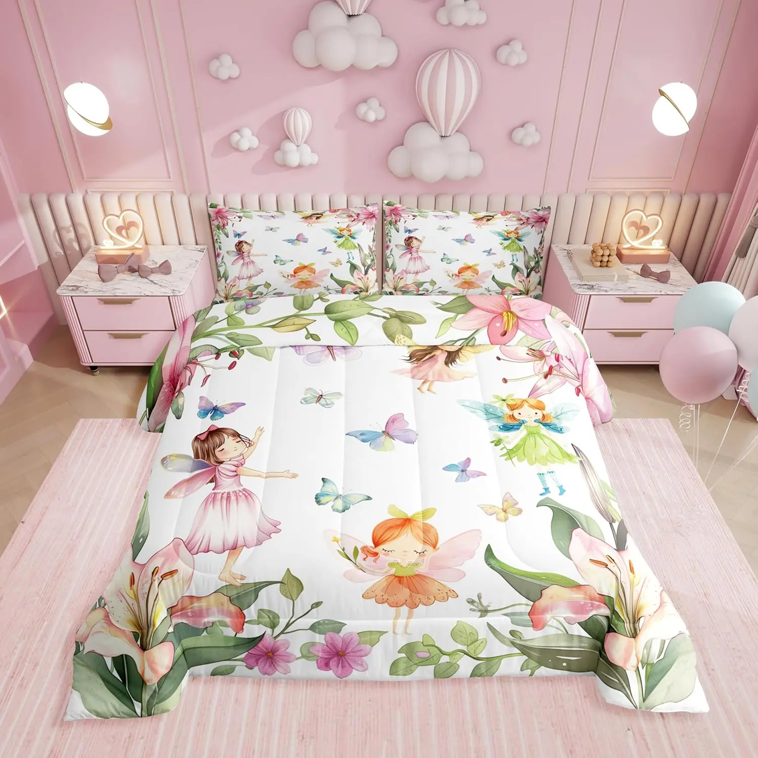 Floral Fairy Comforter Set,Dreamy Fairy Garden Bedding Sets Coquette Flower Butterfly Quilt Bed Set,Pink Princess Bedroom Decor,1 Pillowcase Reversible