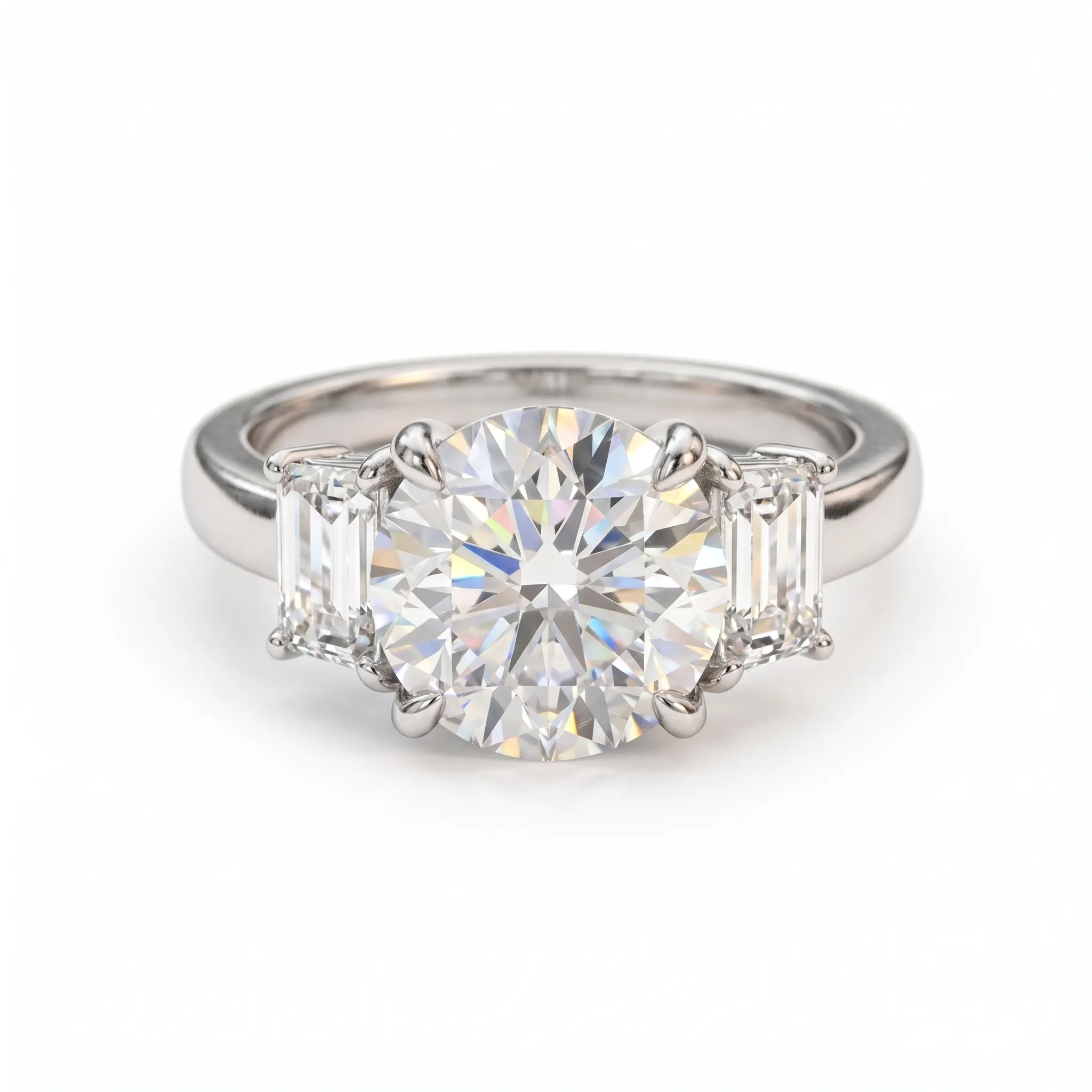 S925 Silver Moissanite 3-Stone Engagement Ring for Women, Brilliant Round Cut with Baguette Accents, Classic Bridal Wedding Anniversary Jewelry (Sizes 5-9)