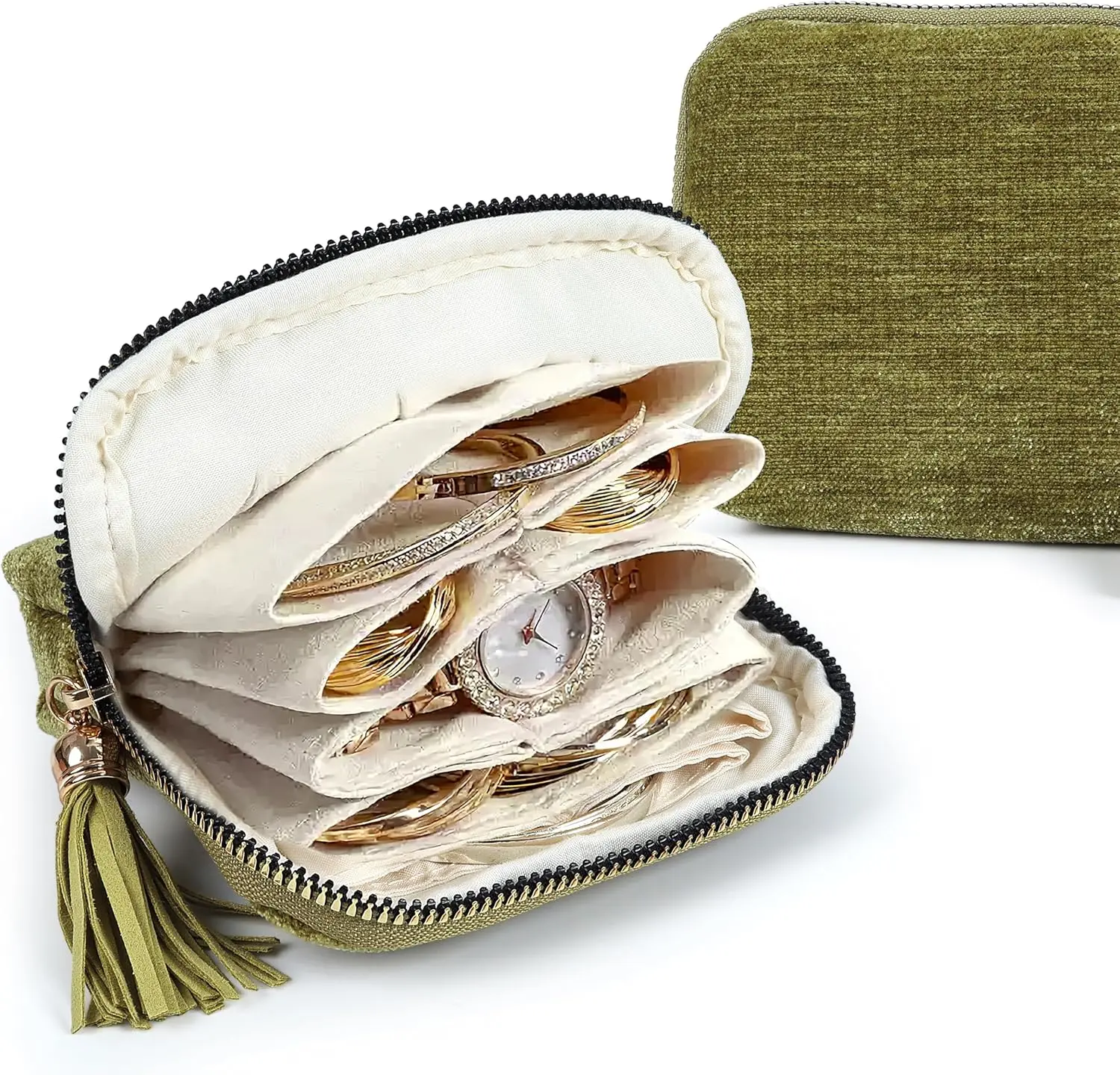 （Avocado Green）Travel Jewelry Case Organizer for Women Wedding Gifts Portable Velvet Pouches for Travel Essentials Jewelry Crystal Bracelets Necklace Storage, Ring Holder Green Tassel