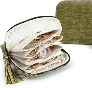 （Avocado Green）Travel Jewelry Case Organizer for Women Wedding Gifts Portable Velvet Pouches for Travel Essentials Jewelry Crystal Bracelets Necklace Storage, Ring Holder Green Tassel