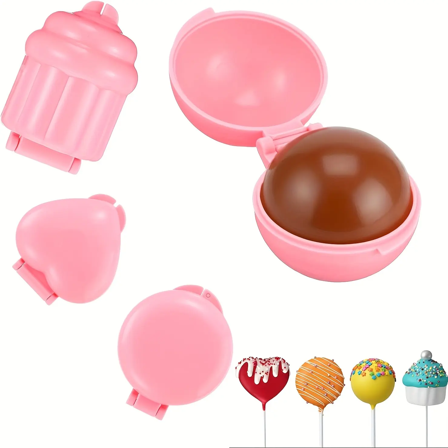 4-Piece Cake Pop Molds Set, Reusable Plastic Mold, Ball Heart Round Cupcake Molds with Squeeze Tool, Mini Cakes for Home Baking Birthday Wedding Desserts, Baking Supplies